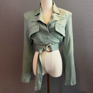 JLUXLABEL Myling Linen Blend Cropped Wrap Top Jacket in Sage Green - NWT - Small